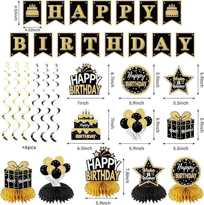 Zirtorei 20Pcs Black Gold Birthday Party Decorations Kit - Image 2