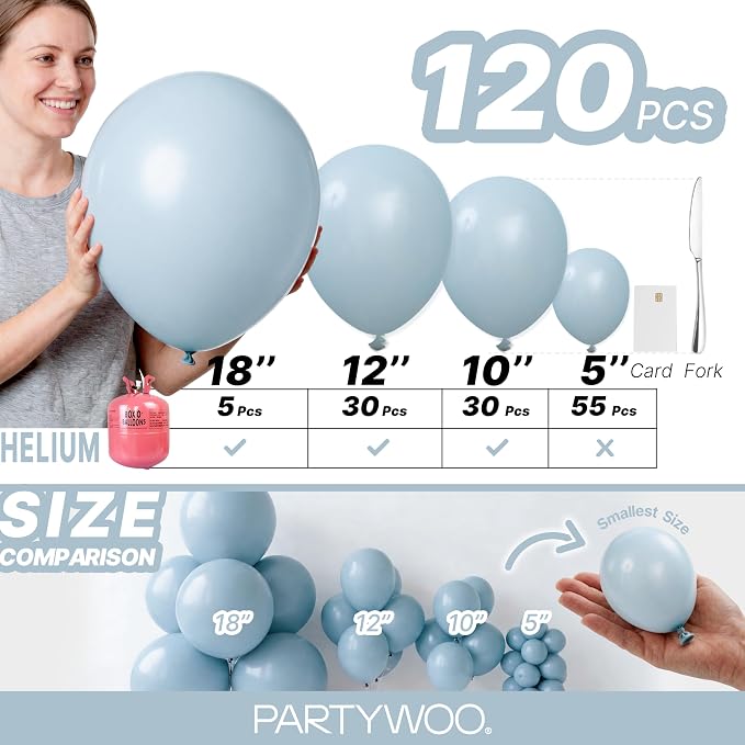 PartyWoo Dusty Blue Balloons 120pcs Light Blue Aqua Boho Color | 18 12 10 5 - Image 6