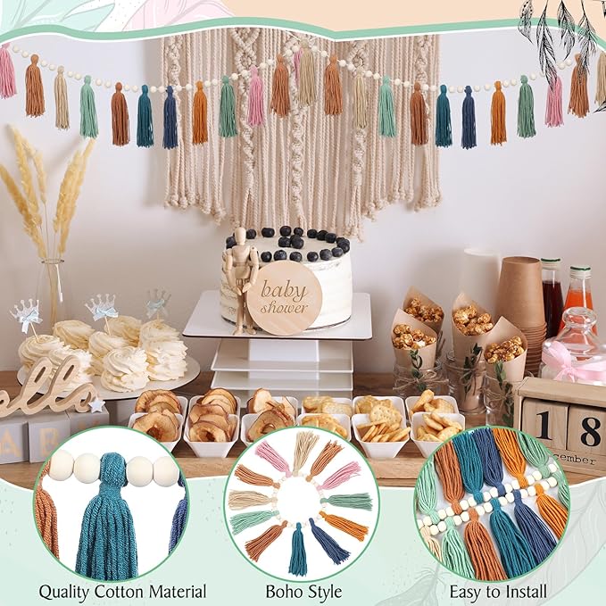 Zeyune 3 Pcs Boho Tassel Garland Boho Rainbow Wall Decor Colorful Pastel Tassel - Image 6