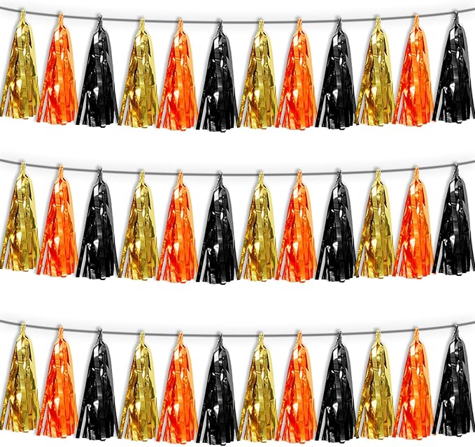 3P Orange Gold Black Tassel Banner Garland Metallic Foil Fringe Banner Tinsel by FENGNIAN
