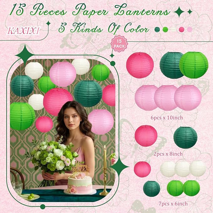 15-Piece Pink Green White Paper Lanterns Party Decorations | 6/8/10-Inch - Image 2