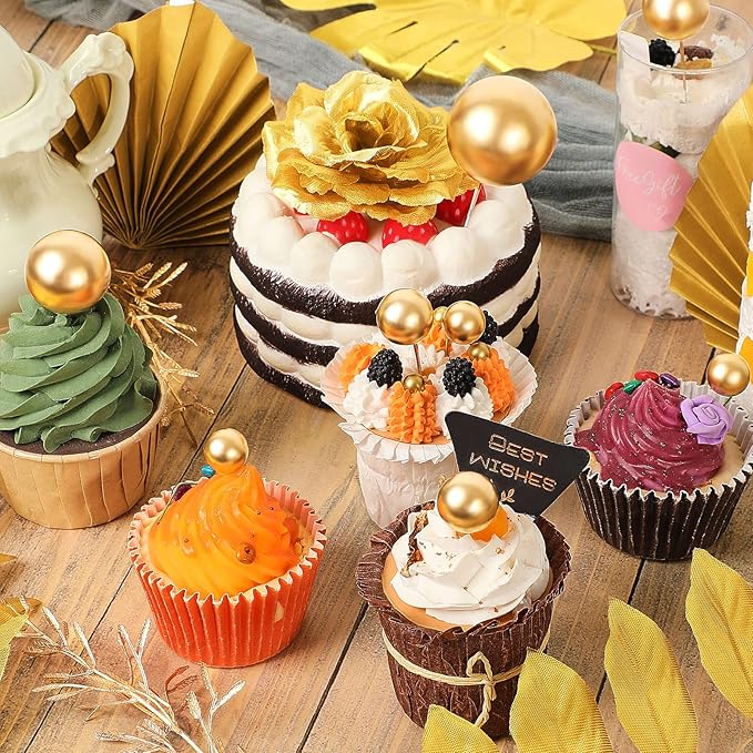 26 Pieces Happy Birthday Cake Topper Gold Cake Decorations Palm Leaves Balls Cupcake Toppers Floral Flower Artificial Leaves for Birthday Wedding(Gold)