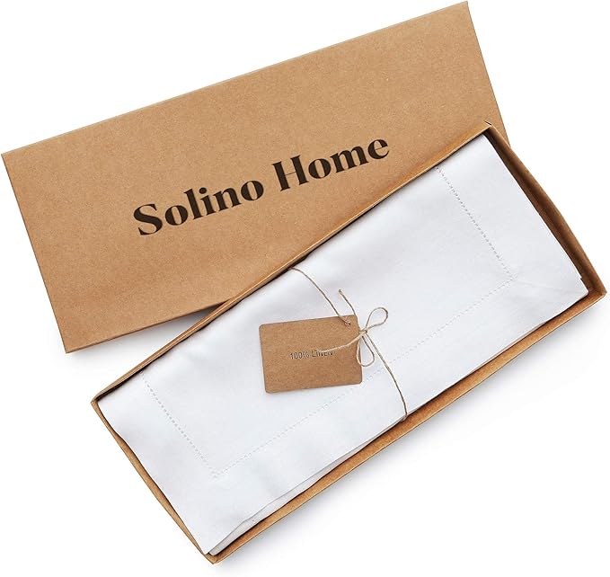 Solino Home Linen White Table Runner 156 Inches Long - 100% Pure Linen Extra Long Table Runner 14 x 156 Inch for Fall, Autumn, Halloween, Thanksgiving, Christmas, Holiday - Classic Hemstitch