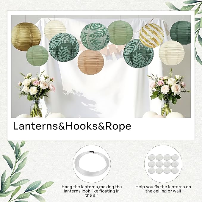 12PCS Sage Green Paper Lanterns Hanging Forest Party Decor | Sage Green and - Image 4