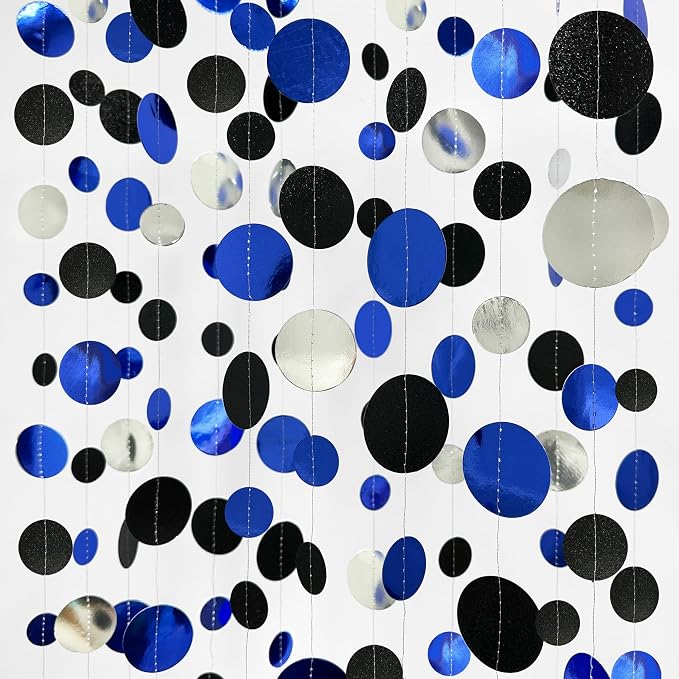 46Ft Navy Blue Black Silver Circle Dots Garland Royal Blue Black Polka Dots by pinkblume