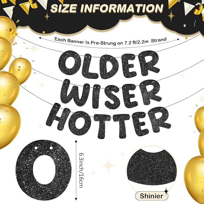 Fulmoon Set of 3 Pre Strung Older Wiser Hotter Glitter Banner Funny Birthday - Image 3