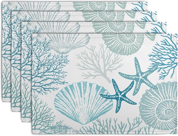Nautical Coastal Blue Placemats Set of 4 Summer Teal Turquoise Beach Theme by Wnoesat