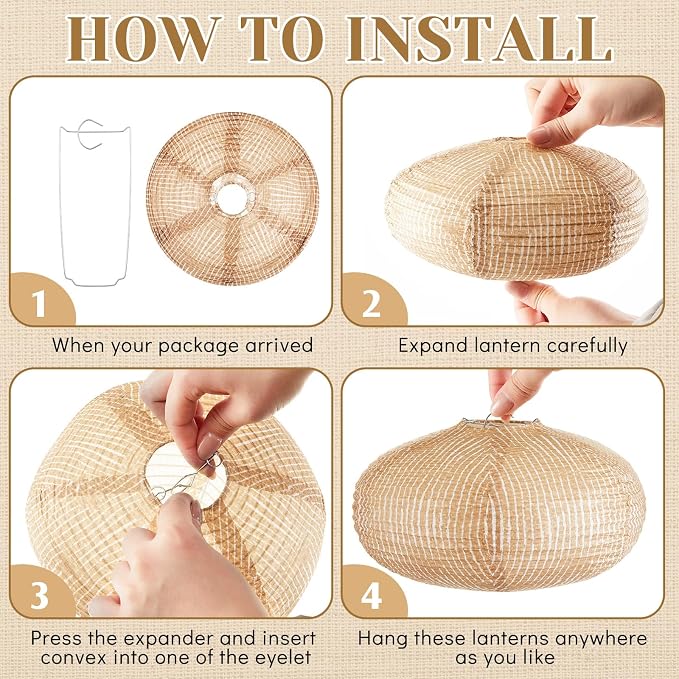 Hortsun 12 Pcs Print Burlap Oval Paper Lanterns Boho Chinese Paper Lanterns - Image 3