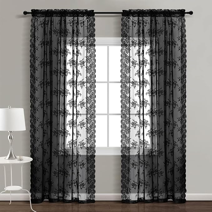 Kotile Vintage Black Lace Curtains - Image 2