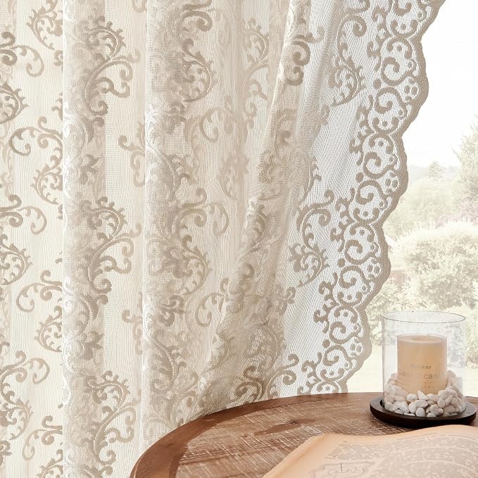 FOLKSIDE Khaki Lace Curtains 96 Inches Long 2 Panels Vintage Floral Sheer - Image 3