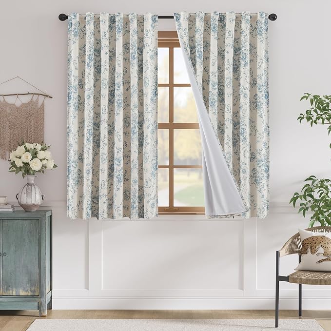 jinchan Blue Floral Linen Blackout Curtains Lined 63 Inch Back Tab 2 Panels | by JINCHAN
