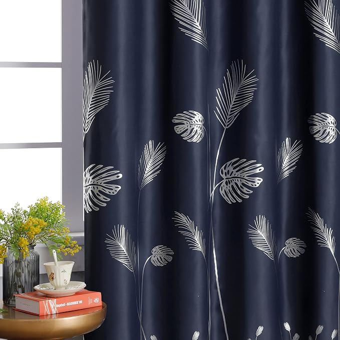Blackout Curtain for Patio Door 80W x 84L Inch Long Silver Palm Tree Pattern - Image 3
