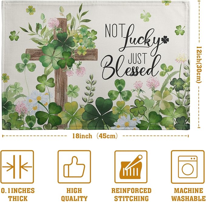 St Patricks Placemats Set of 4 St. Patrick's Day Cross Shamrocks Clover Linen - Image 4