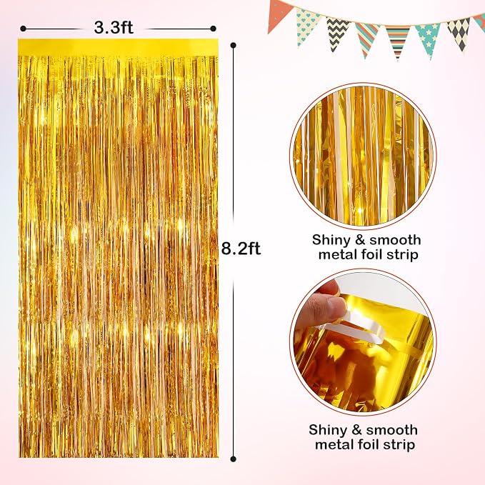 Gold Metallic Tinsel Foil Fringe Curtains, 2 Pack 3.3x8.3 Feet Party Streamer - Image 2