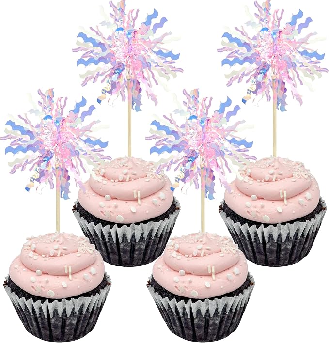 Gyufise 30Pcs Foil Firework Cupcake Toppers Sparkle Tinsel Cake Toppers Tinsel by Gyufise
