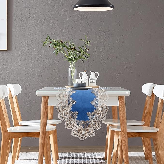 Vintage Lace Dining Table Runner, Small Macrame Coffee Table Runners 48 inches Long for Kitchen Home Christmas Party Decorations (16x48 inch, Blue)