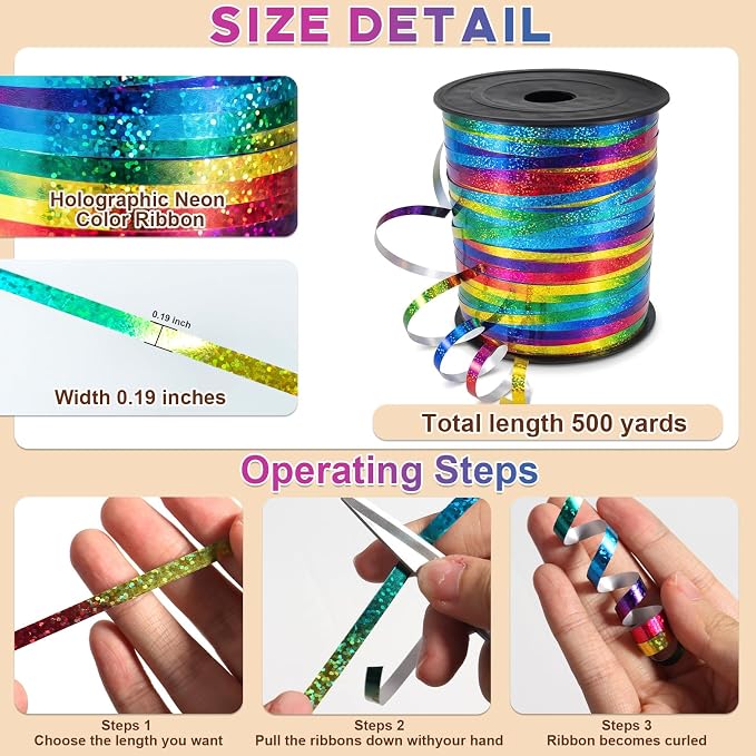 500 Yards Curling Ribbon Balloon String, 1/5" Wide Rainbow Ribbon Curling - Image 2