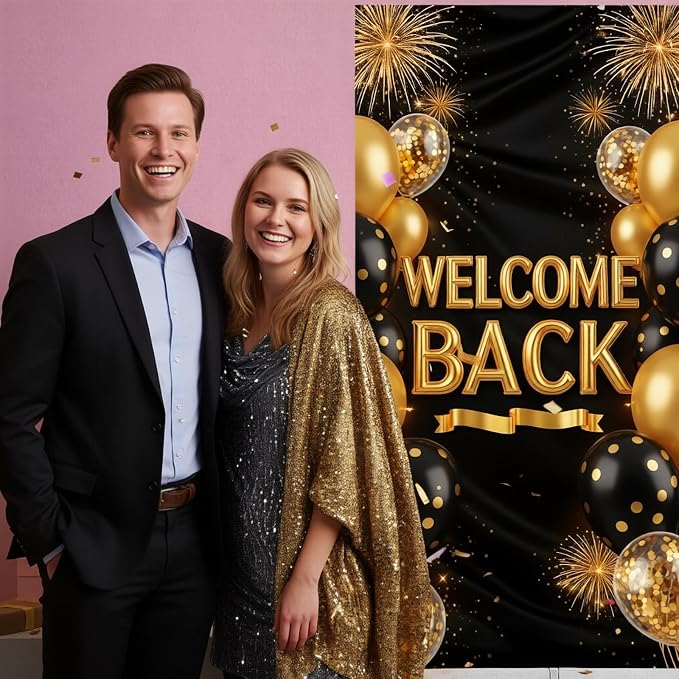 Welcome Back Door Cover Banner Decorations Black Gold Welcome Home Backdrop - Image 2