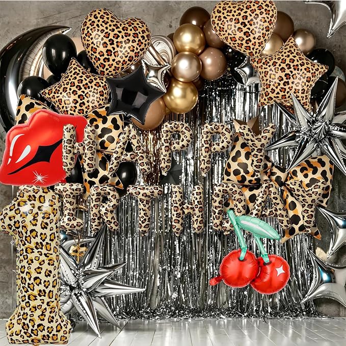 Leopard Print Bow Balloons Birthday Decorations 40Inch Cheetah Number 1 Foil - Image 3