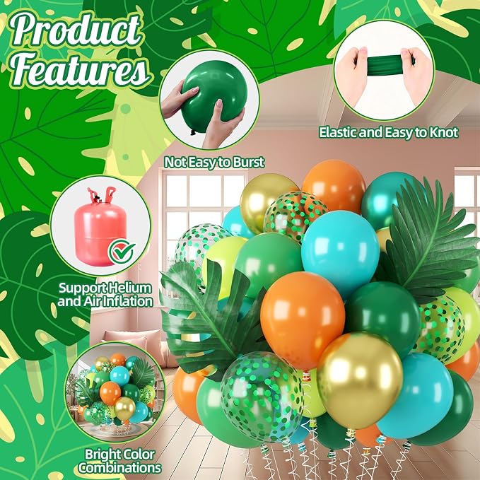 Dinosaur Balloons Set, 12 Inch Dark Green Teal and Orange Balloons, Metallic - Image 3