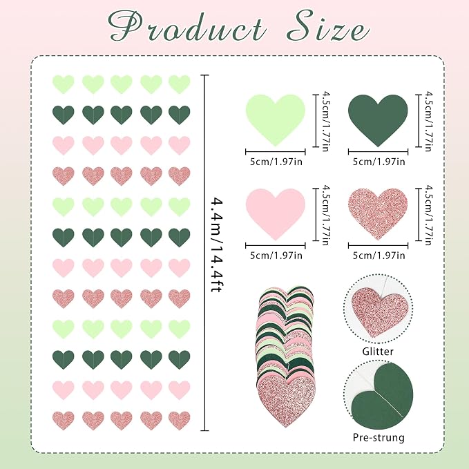 5PCS Sage Green Heart Garland, 72ft Sage Green Pink Heart Ceiling Decorations - Image 2
