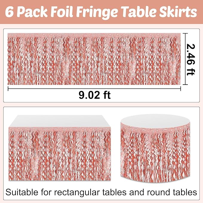 6 Pack 29x108 Inch Rose Gold Wave Foil Fringe Table Skirts Metallic Banner for Tinsel Streamer Garland Backdrop for Parade Floats Mother's, Graduate, Mardi Gras, Birthday, Wedding Party Decorations