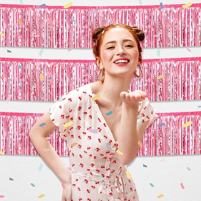 6 Pack 10 Feet Pink Foil Fringe Garland Metallic Tinsel Streamers Banner Wall Hanging Curtain Backdrop for Parade Floats, Birthday, Graduate, Mother's Day, Wedding Party Decoration