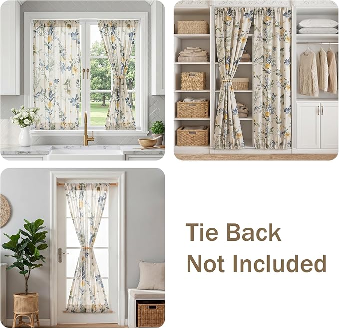 MYSKY HOME Floral Linen Door Curtains Blue Farmhouse Privacy Door Window - Image 2