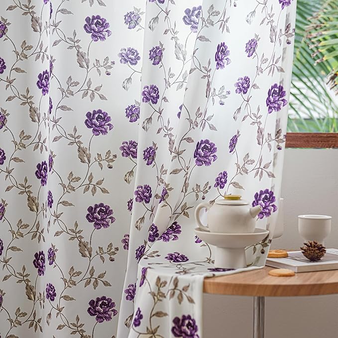 Beauoop Floral Sheer Curtains for Bedroom Purple Brown 52x96 2 Panels | Semi by Beauoop