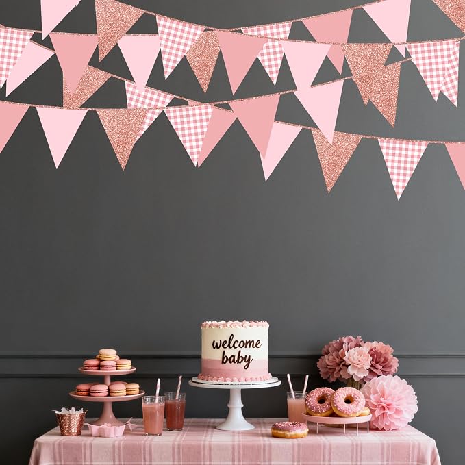 Dusty Rose Pink Buffalo Plaid Rose Gold Party Decorations Pennant Banner Flag - Image 7