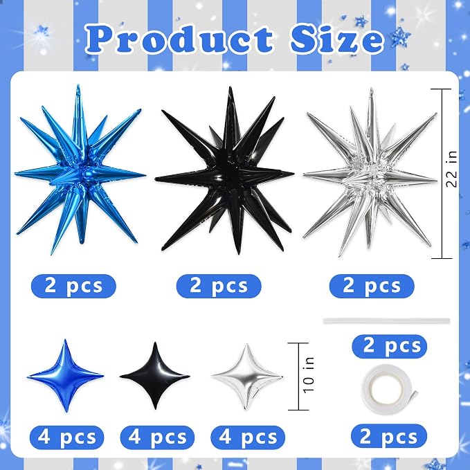 TONIFUL 22Inch 18Pcs Black Blue Silver Explosion Star Mylar Balloons and 10Inch - Image 2