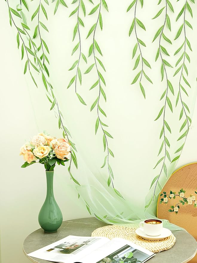 Willow Voile Curtains Cute Green Sheers Leaf Tulle Vine Window Sheers Ivy - Image 4