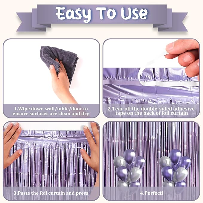 Voircoloria Light Purple Foil Fringe Backdrop Curtains, Birthday Party - Image 2