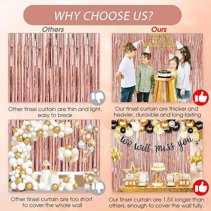 TenLaitech 3 Pack 3.3 x 9.9 ft Rose Gold Foil Fringe Backdrop Curtain, Streamer - Image 3