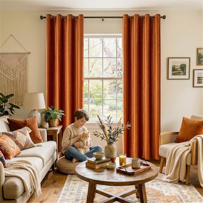 Velvet Burnt Orange Blackout Curtains 120 inch Length - Image 2