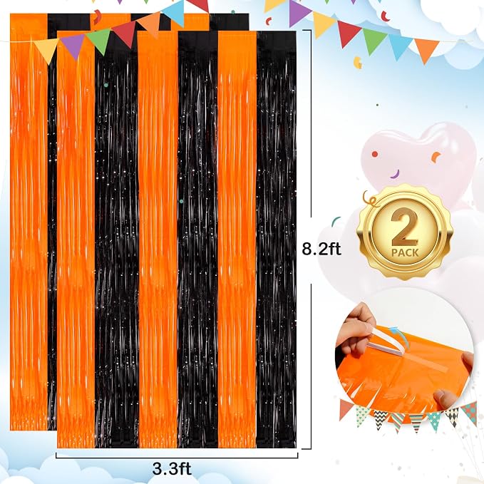 Black Orange Streamers Foil Fringe Curtain 3.3 x 8.3ft Party Streamers 2Pack - Image 3