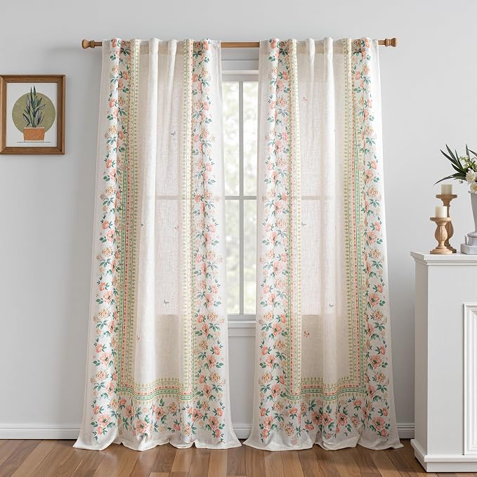 MYSKY HOME Boho Floral Curtains Semi Sheer Linen Blend Curtain 84 Inches Long by MYSKYHOME
