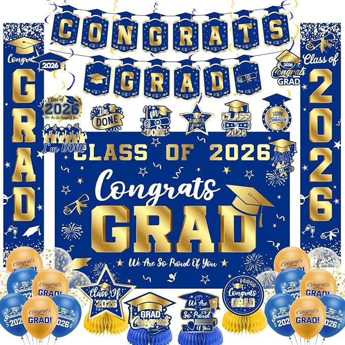 Graduation Decorations 2026 Blue and Gold Set, Congrats Grad Decor Set by Unknown