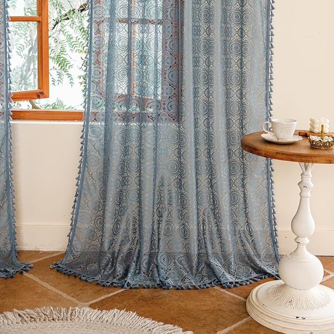 YJ YANJUN Boho Lace Curtains, Dusty Blue Sheer Window Panels | Floor Length - Image 5