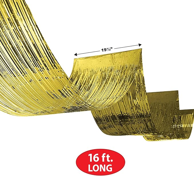 Beistle 2 Piece Gold Metallic Plastic Fringed Ceiling Curtains, 19.5” x 16’ - Image 2