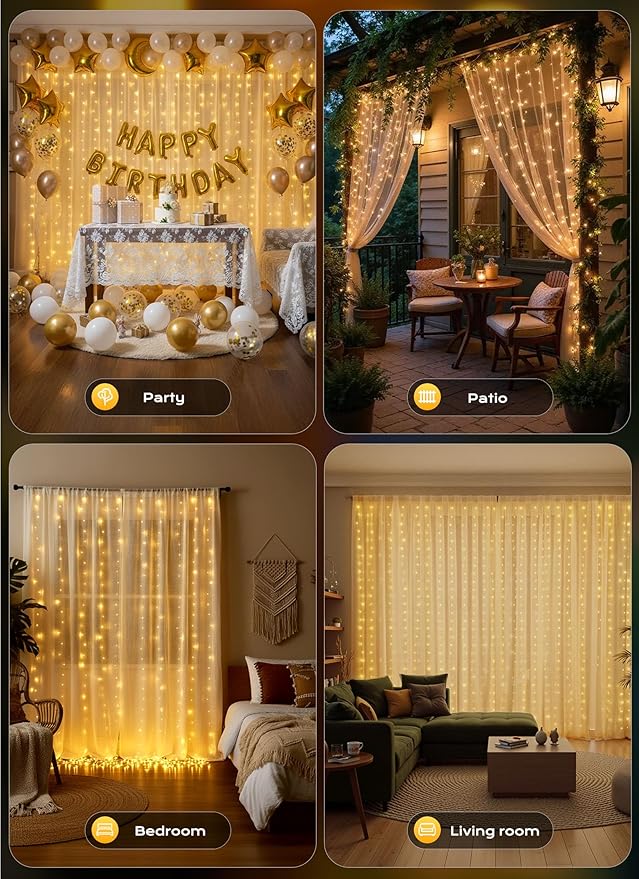 Brightown 300 LED Curtain String Lights, 9.8 FT Hanging Fairy Lights with Remote, 8 Modes, Waterproof Window Lights for Bedroom Backdrop Wedding Outdoor Party Christmas Decorations