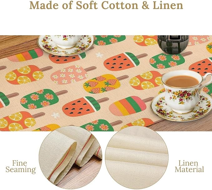 Summer Popsicles Table Runner, Colorful Cute Ice Cream Childish Seasonal Dinner Runner for Party Holiday Home Kitchen Dining Table Decor 13"x36"