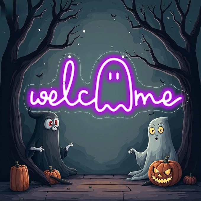 Halloween Welcome Ghouls Neon Sign, Spooky Ghost LED Halloween Decor, Haunted House Entryway Light, Available Gothic Haunted Mansion Light for Bedroom Bar Cave Room Decor Party Home-Purple
