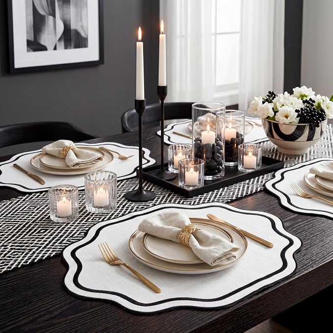 6 Pcs Black and White Wedding Placemats Scalloped Embroidered Cotton Linen - Image 5