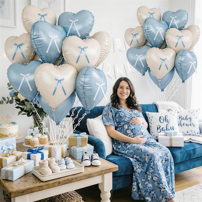 Blue White Heart Balloons with Ribbon Bow, 18 Inch Helium Balloon with Bow - Image 6