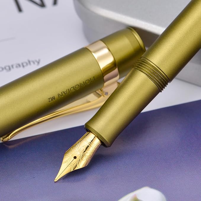 HONG DIAN M2 Black Forest Mini Fountain Pen, Extra Fine Soft Nib & Sleek Shape Aluminium Short Pocket Travel Pen (Olive Green)