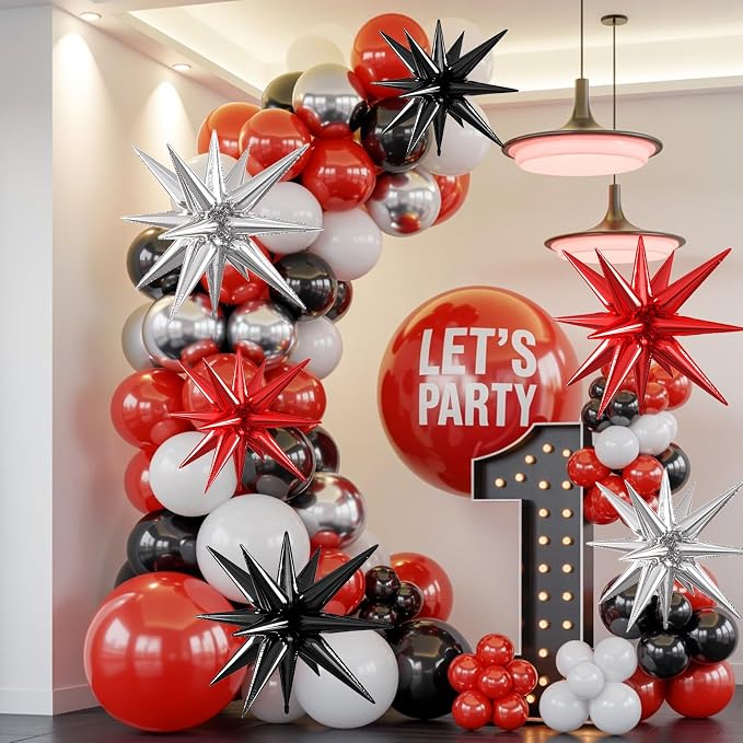 Silver Red Black Star Balloons, 22/27 Inch Silver Black Red Star Foil Balloons - Image 5