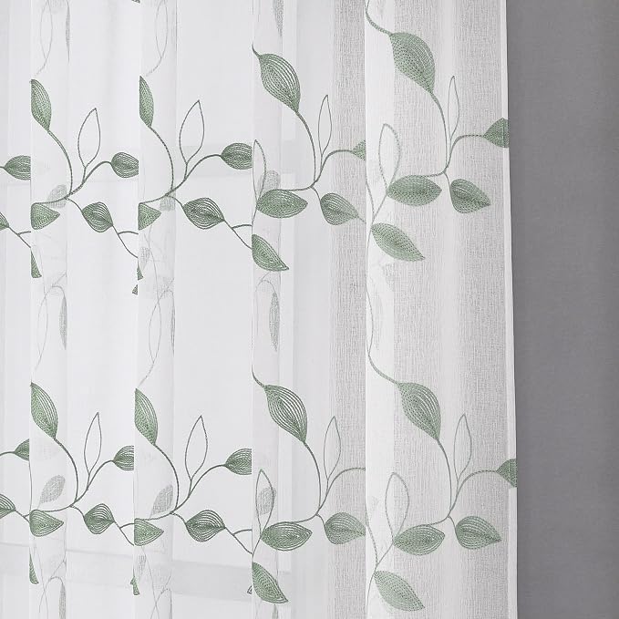 Tollpiz Sage Green Leaf Sheer Tier Curtain Kitchen 30 x 36 Inches | Leaves - Image 8