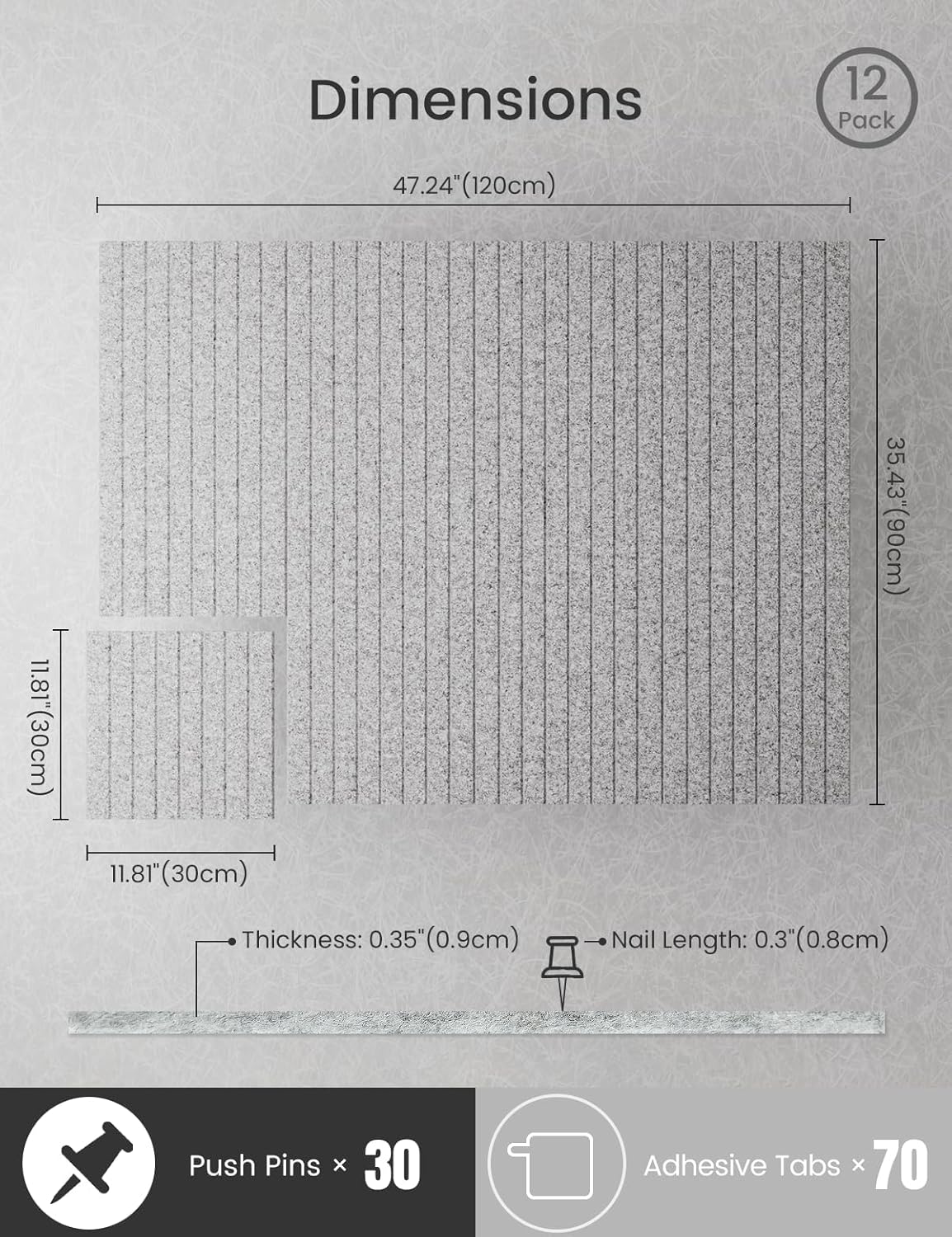 Bumusty Large Cork Board Alternative-47 x35 Felt Bulletin Board Tiles, with 30 Pushpins, 70 Adhesive Tabs, 12-Pack Slat Wall Paneling, Cork Boards for Office Push Pin Board Felt Board-Marble Gray