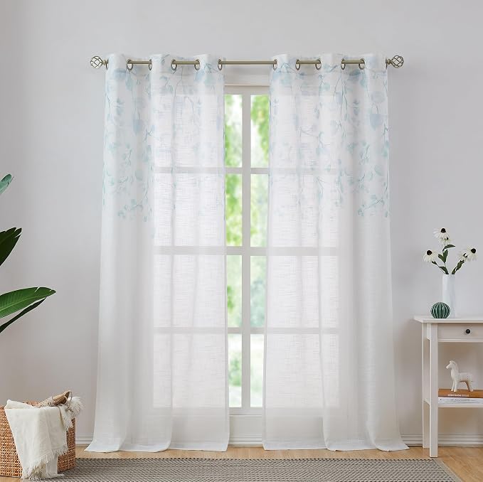 Central Park Leaf Floral Print Metallic Sheer Curtain, Teal Blue, Grommet Top - Image 2